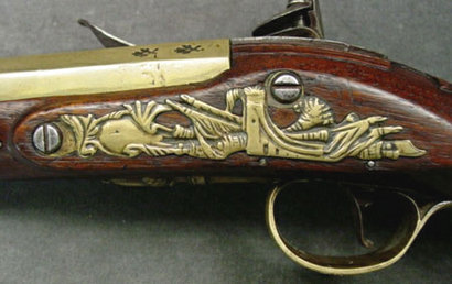 Extremely fine, original flintlock, brass barrel, bell muzzle holster pistol by H. Hadley, London, Circa: 01