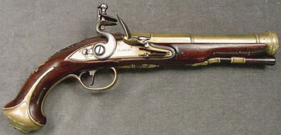 Extremely fine, original flintlock, brass barrel, bell muzzle holster pistol by H. Hadley, London, Circa: 00