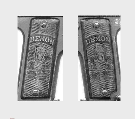 Hola.

Tenemos una pistola "DEMON" calibre 7,65 con estas cachas.

Como podeis observar a ambos 00