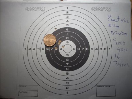 Hice esta agrupación con mi Fenix 400 Star, efectuando 14 disparos a 50m. El silenciador se lo hice porque 60