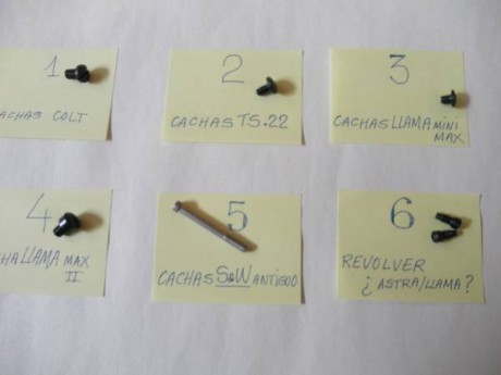 Foto 1 .- Tornillos cachas Colt 1911 (4 tornillos):  15  €
Foto 2 .- Tornillos cachas TS .22 (4 tornillos): 00