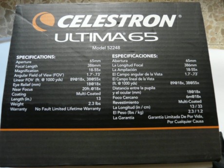 Vendo telescopio Celestron Ultima 65. Cuenta con ocular de 18-55 aumentos. Como nuevo, tan sólo ha salido 00