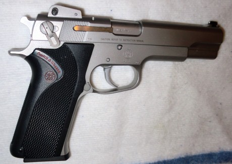 Aquí está. Mi piporro S&W 1006, 10 mm Auto, 5", doble acción 9+1, toda acero inox. 10