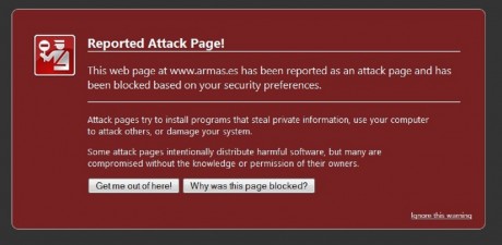 Desde esta tarde, cuando entro en armas.es me dice que la página es una web atacante que roba información, 100