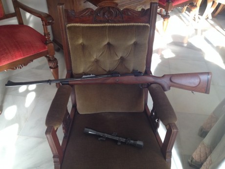 rifle artesanal ingles calibre 375 H&H muy buen estado alza de librillo monturas apel
lleva visor 02