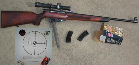 Me acabo de comprar una carabina del .22 LR fuerte, de oferta, nueva, con cuatro cargadores, semiautomática, 01