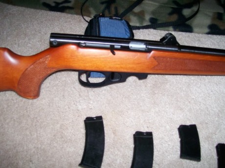 Me acabo de comprar una carabina del .22 LR fuerte, de oferta, nueva, con cuatro cargadores, semiautomática, 00