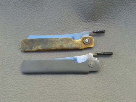 Dos Nuevas "Higoblockami", navajas Japonesas.
Las hojas estan realizadas en acero inox. 12C27, 01