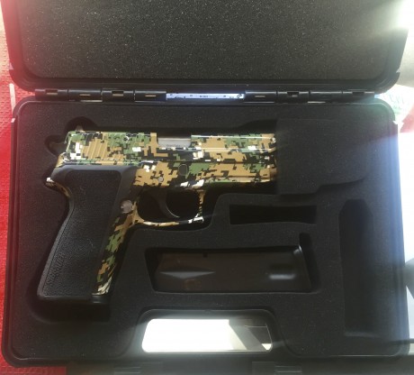 Sig Sauer P-228 al SO, 
-Cachas E2 grips.
-sistema de disparo SRT
-Mira de fibra.
-Tres cargadores.
-Acabado 01