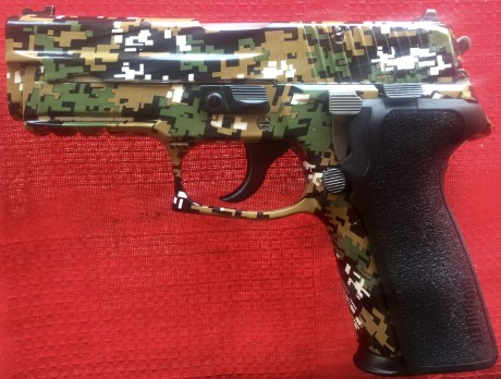 Sig Sauer P-228 al SO, 
-Cachas E2 grips.
-sistema de disparo SRT
-Mira de fibra.
-Tres cargadores.
-Acabado 00