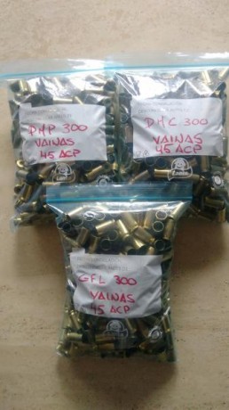 Muy buenas, vendo tres lotes de 300 vainas del 45 ACP, limpias y desempistonadas con un solo disparo por 02