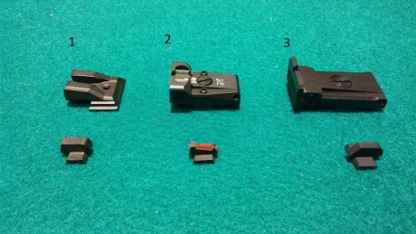 Vendo los siguientes alzas y puntos de pistola:

1.- 45 € (S&W MP9)
2.- 65 € (según fresado del arma)
3.- 00