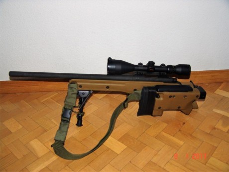 * Calibre .308 Win
* Cañón de 51 cm. acanalado
* Chasis AICS color FDE (Flat Dark Earth) con culata plegable
* 01