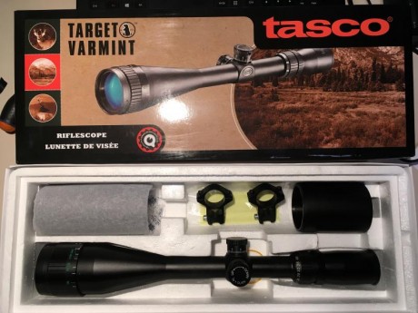 Hola compañeros:
Vendo por no usar un visor Tasco TG104050DS con anillas para montar sobre rail de 11mm, 02