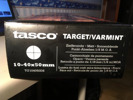 Hola compañeros:
Vendo por no usar un visor Tasco TG104050DS con anillas para montar sobre rail de 11mm, 00
