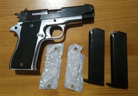 Vendo ésta pistola, cuyo modelo de todos es conocida, con dos juegos de cachas, y tres cargadores. El 00