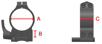 VENDIDAS!!! Anillas WARNE 34mm desmontables altas
Dimensiones:

A: 34mm.
B: .525" / 13,3mm.
C: .705" 01