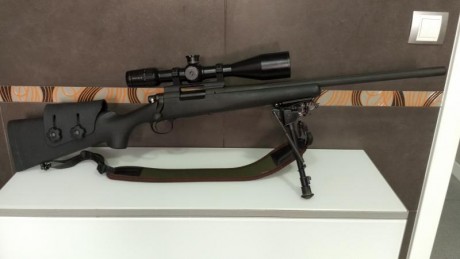 Calibre 308 w. Cañon de 20 pulgadas acanalado. Lleva bases Warne de acero. La culata está modificada con 02