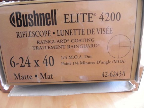 Hola, pues eso, vendo un Bushnell elite 6-24x40, perfecto, sin roces ni golpes ni nada, el precio 400 90
