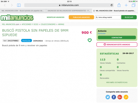 Uno pide por un Pietta niquelado con sus certificados, 2000 euros, jajaja.

Y el otro anuncio, no comete 121