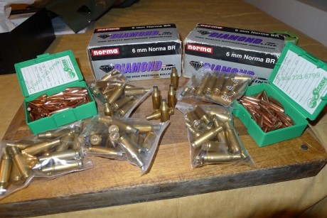 217 vainas Norma 6BR (167 de un disparo y 50 de 2), más 180 puntas Sierra Match King de 107 gr, en 80 01