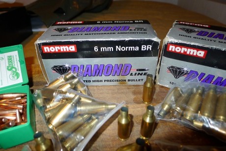 217 vainas Norma 6BR (167 de un disparo y 50 de 2), más 180 puntas Sierra Match King de 107 gr, en 80 00