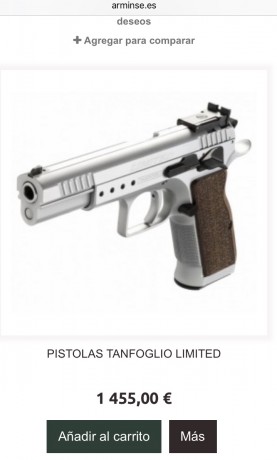 Vendo TANFOGLIO LIMITED, 9 mm/Pb, inox, con dos cargadores de 17 y uno de 16, con dos gatillos uno recto 110