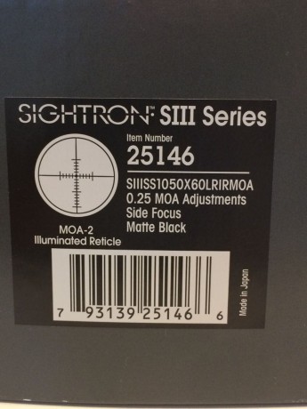 Vendo: Sightron SIII 10-50x60 LR
IR MOA Iluminad
(1/4 Moa/Click).

Bueno, es de un amigo.

900 y ya es 01