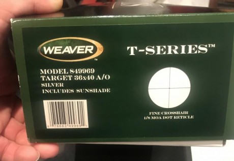 Buenas tardes:

Vendo visor Weaver T36, lo vendo impoluto apenas tiene uso, va con su caja original y 00
