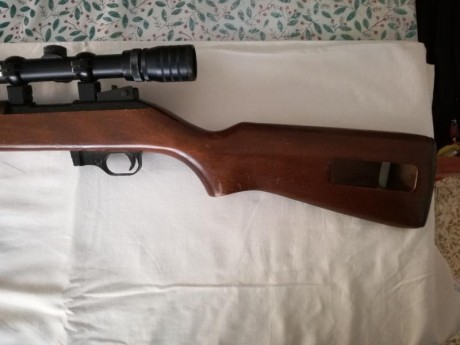 Se vende la carabina de las fotos.

Es una carabina del calibre 22Lr. La copia de la M1 americana.
El 12