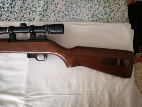 Se vende la carabina de las fotos.

Es una carabina del calibre 22Lr. La copia de la M1 americana.
El 11