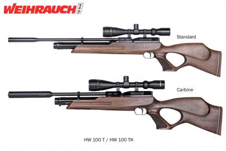 HW100 T, la carabina normal, cañon de 60 cm y culata de nogal tumbhole, la que trae empuñadura de pistola.
HW100 40