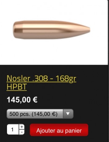 Hola,

Vendidas las quinientas (500) puntas Nosler Custom Competition del calibre .308 en 168 grains HPBT.

210 20