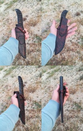 Schrade customizado. Acero 1095, 6mm de grosor, texturizado, cachas de madera, funda de cuero (envío también 20