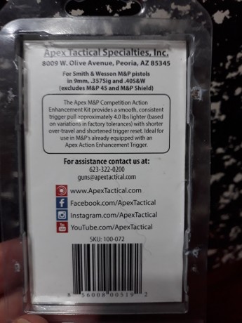 Buenas tardes, compañeros:

Vendo kit de disparo Ápex Tactical para S&W MP9, MP40, MP357 ( incluye 00