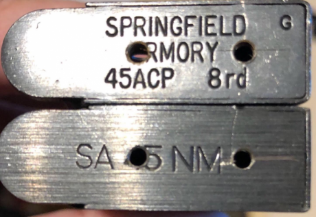 Vendo dos cargadores monohilera para 1911, son de la marca Springfield Armory calibre 45ACP, 40€ cada 120