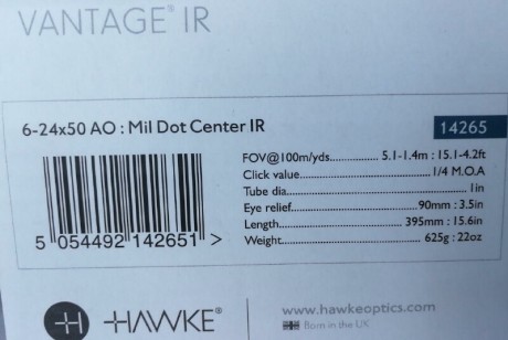 Hola, un amigo vende mira Hawke Vantage SF 6-24×50 ½ Mil Dot IR con solo un mes de uso en su caja.

235€

DATOS 01