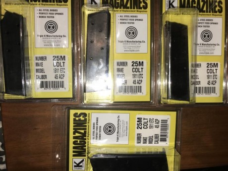 Hola vendo 4 cargadores para 1911 45 ACP de 7 cartuchos 
Marca K Magazines, completamente nuevos, solo 00