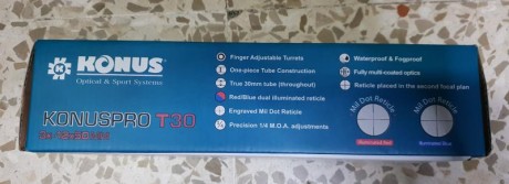 Se vende visor Konuspro T30 3x-12x50, reticula Mildot iluminada en rojo y azul.
Su estafo es nuevo, lo 02