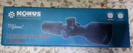 Se vende visor Konuspro T30 3x-12x50, reticula Mildot iluminada en rojo y azul.
Su estafo es nuevo, lo 01