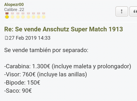 Hola
Con dolor de mi corazón dejo la modalidad de
F-Class y empiezo  vender parte del equipo ya que llevo 160
