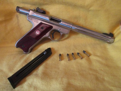 Vendo pistola marca Ruger MK III Hunter, calibre 22, alza regulable, cargador de 10 tiros, en acero inoxidable, 00