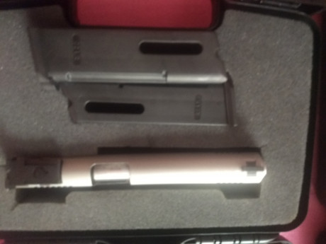 vende Kimber MFG stainless gold match II, 2carros uno del 9 y otro del 22lr, con dos cargadores de cada, 01