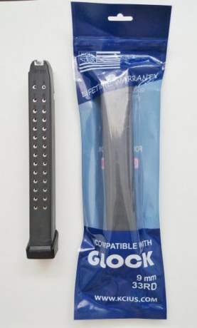 Hola, vendo cargador de 33 cartuchos de capacidad para pistolas Glock de calibre  9x19. El cargador es 00