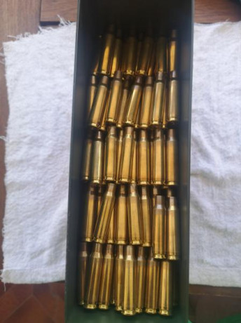 Lote compuesto por 422 vainas 308 lapua y 79 vainas norna, con un solo disparo, con la caja metalica completamenre 01