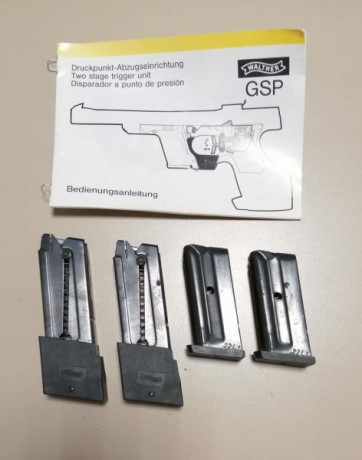 VENDO 4 CARGADORES DE WALTHER GSP
- 2 DEL CALIBRE .32
- 2 DEL CALIBRE .22
PRECIO DEL LOTE 60€ + ENVIO 00