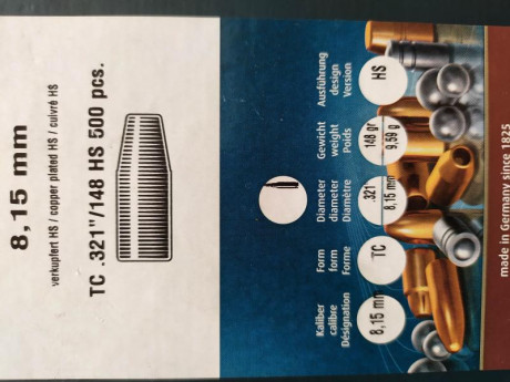 Se venden 500 puntas HN de 8mm , peso 148 grains (validas por ejemplo para el calibre 8x57). Se compraron 00