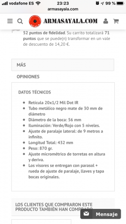 VENDO VISOR HAWKE SIDEWINDER 8x32x56 SF comprado nuevo ( factura ) en SEPTIEMBRE 2019.
- COMPLETO DE CAJA 01