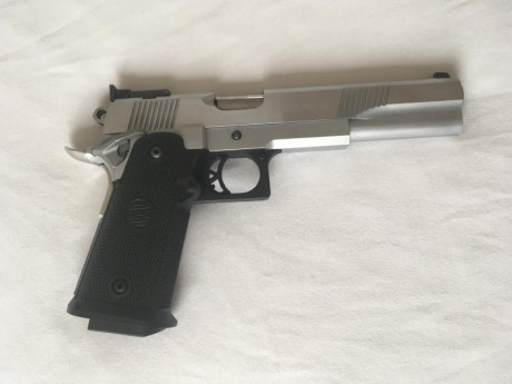 Vendo pistola SPS mach de 6 pulgadas, 9mm en acero inox,
viene con funda original y dos cargadores,alza 01