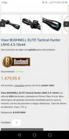 Bushnell elite tactical hunter Lrhs 4.5 18x 44 retícula 1 grado focal modelo G2M. Tubo de 30mm nuevo a 10